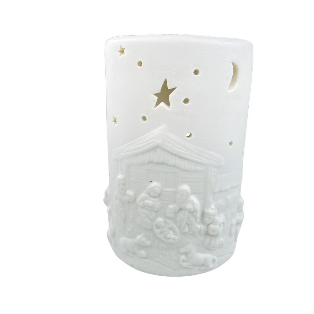 Vintage Ornamental Jade Porcelain Nativity‎ Votive Candleholder 5in x 3.5in